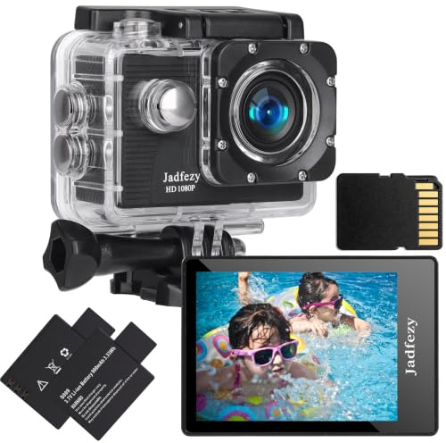 Jadfezy Camera Sport 1080P FHD con Tarjeta de Memoria, con Dos Pilas Recargables 900 mAh Cámara Deportiva y Kit de Accesorios Impermeable 30M Cámara de Acción Gran Angular