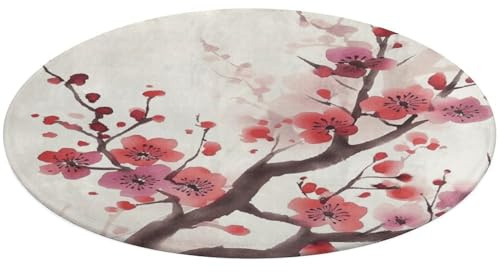 Alfombra redonda de terciopelo coral con estampado floral de ciruelo japoné