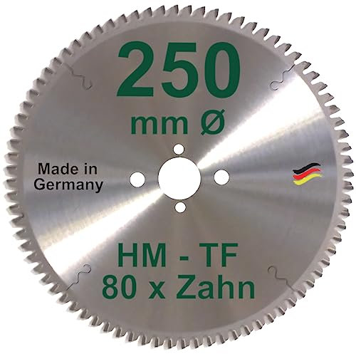 HM Sägeblatt 250 x 30 mm Zähne 80 TF Kreissägeblatt Hartmetall 250mm Ersatzsägeblatt Trapez Flachzahn mit Spanabweiser Handkreissäge Kreissäge