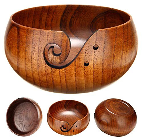 Handgefertigte Holz Garnschale, MKNZOME 7,9'' Garnschale aus Rosenholz Tragbarer Garn Schüssel Woll Stricken Schalen mit Geschnitzte Löcher und gebohrte Löcher für das Strickende Häkeln