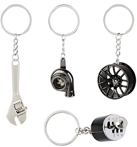 BETESSIN 4pcs Schlüsselanhänger Turbolader Auto Keychain Turbo Anhänger Autoteile Mini Deko Schlüsselbund mit O-Ring Schraubenschlüssel Radnabe Shifter Schraubstock Vater Opa Geburtstag Geschenk