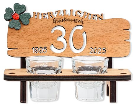 DARO Design SCHNAPSBANK – Schnapsbank mit gravur aus Buche, inkl. 2 Arcoroc Schnapsgläsern, Kleeblatt & Jahreszahlen – Geschenk zum Jubiläum, Geburtstag oder Hochzeit – 30 Jahre