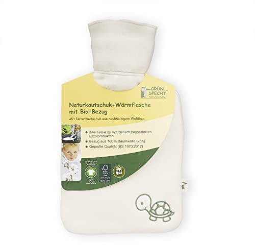 GRÜNSPECHT Naturkautschuk-Wärmflasche mit Bio-Bezug aus 100% GOTS -Baumwolle, klein, Kautschuk aus nachhaltig zertifiziertem Waldbau, geprüfte Qualität nach BS 1970:2012, wachbarer Bezug (644-00)