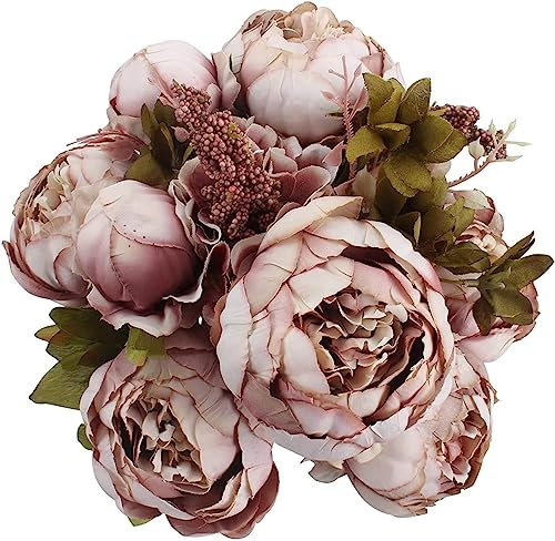 Ruiuzi Künstliche Blumen Pfingstrose Kunstblumen Seidenblumen Gefälschte Unechte Blumen Seidenpfingstrose Seide Blumenstrauß Jahrgang Hochzeit Zuhause Dekoration (Hellbraun)