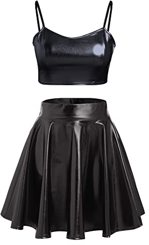 Odizli Alien Kostüm Damen Sexy Metallic Glitzer Crop Top+Mini Röcke Rave Outfit