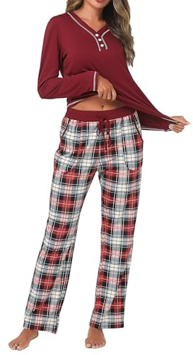 Uniexcosm Pijama Largo Mujer de Cuadros, Conjunto de Algodón 2 Piezas Con Cuello Redondo y Bolsillo, Suave Para Hogar B:PAT1 M