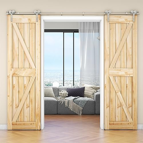 WOLFBIRD Stainless Steel 12FT/365CM Sliding Rail Barn Door Hardware Kit for Double Wood Door