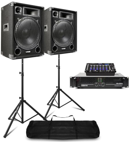 VONYX Max SP15 15 Passive DJ Speaker Kit with STM-3007 6-Channel Bluetooth Mixer, 2000W Amplifier and Adjustable Speaker Stands Complete DJ PA System Package