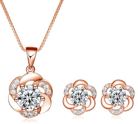 Josfeva Schmuckset Silber 925, Silber Schmuck Set Damen zum Geburtstag | Blumen Halskette & Ohrstecker mit Weiß Zirkonia, Halskette mit Blumen Anhänger & Ohrstecker in Geschenkbox, Hypoallergen