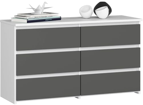 AKORD | Kommode CL-100 mit 6 Schubladen | Komodenschrank | Funktional | Für Wohnzimmer | Für Schlafzimmer | Langlebig | Rollenführung | ABS-Kante 35x100x57cm | Weiß + Graphitgrau Front