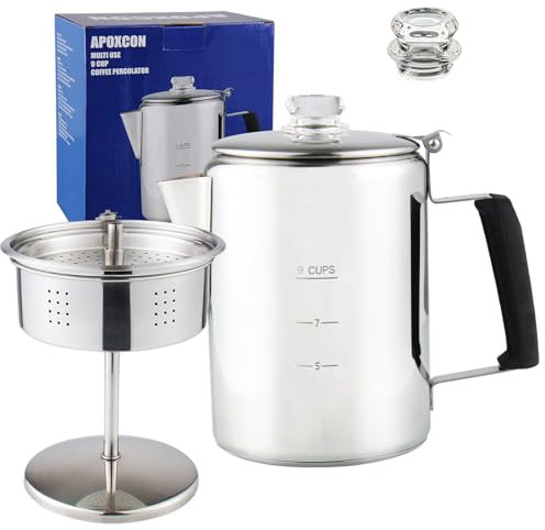 APOXCON Mehrzweck-Kaffeemaschine mit hitzebeständigem Glasknopf und Antiflaming Silikagriff, Edelstahl-Kaffeemaschine für jeden Herd, Induktionsherd, 9 Tassen