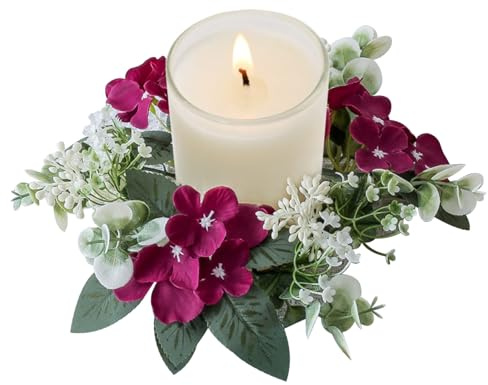 Anneaux de Bougie Floral 10 Pouces Petites Bougies couronnes artificielles Anneaux de Bougie artificiels pour piliers d'hortensias Anneaux de Bougie couronnes, vin de Porte Rouge, Porte-piliers