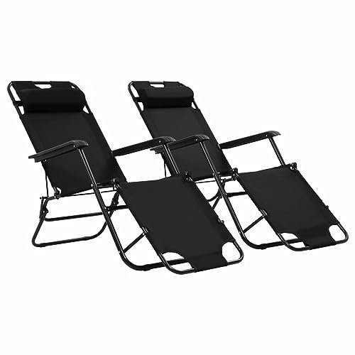LAPOOH Klappbare Sonnenliegen 2 STK. mit Fußablage Schwarz, Gartenliege, Liegestuhl, Sonnenstuhl, Sonneninsel Outdoor, Liegen, Gartenmöbel, Bäderliege, Relaxliege - 44343