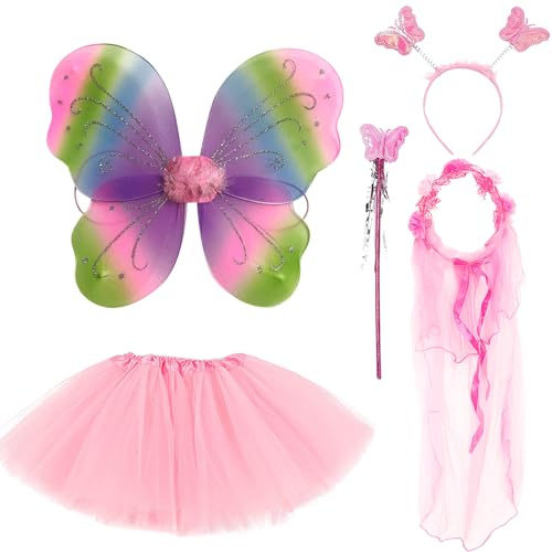 JSTHHTT Feenflügel für Kinder, Schmetterlingsflügel, Feen-Kostüm-Set mit Tutu, Zauberstab und Stirnband, 5 Stück
