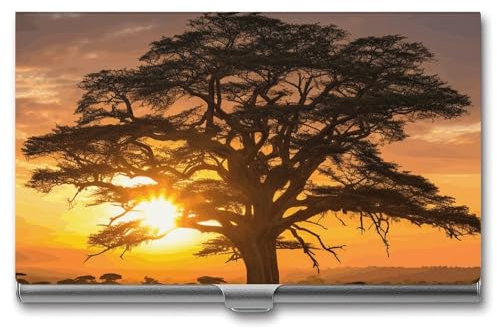 MNBVKL Visitenkartenbox, Sonnenaufgang auf großem Baum, bedruckte Visitenkartenbox, strapazierfähige Visitenkartenbox, Reise-Visitenkartenbox, grau, Einheitsgröße, modern, grau, Einheitsgröße,