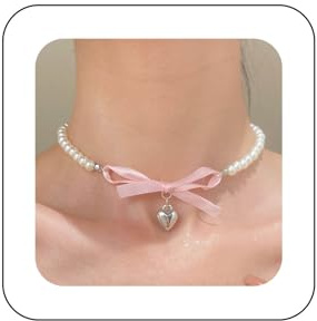 Cimenexe Bohème Perle Herz Choker Halskette Silber Puffy Herz Anhänger Halskette Rosa Band Schleife Perle Halskette Fliege Perlenkragen Halskette Schmuck Für Frauen