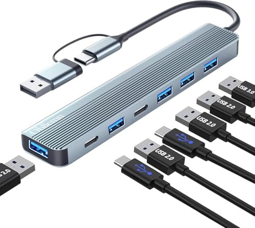 USB-C Hub 3.0, 7-in-1 Multiport Adapter with USB 3.0, 2.0, Splitter, Type-C Hub for MacBook, Galaxy, Pad, Windows, Laptop, Desktop, PS4/PS5