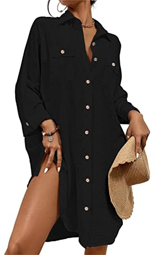 Bsubseach Täckande badkläder för damer, övertäckningsplagg, modern tunika, blus med knappar, skjortklänning, topp, Svart, XXL