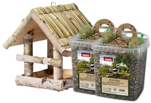 PANTO Winter Vogelglück-Set – Vogelhaus Harmonie & 2 x Winterbox 3 kg | Energiereiches Winterset mit Streufutter, Meisenknödeln & Meisenring – für Körner- & Weichfresser, geschützter Futterplatz