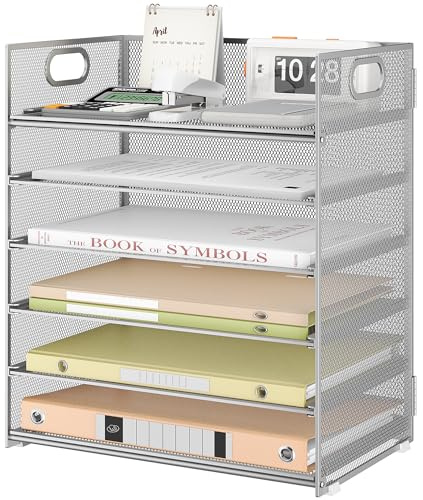 VITVITI Schreibtisch Organizer, 6 Ebenen Briefablage, Stapelbare Aktenhalter, Ablagefächer mit Griff, Bürobedarf für A4 Dokumentenablag, Papier, Buch, Magazin (Silber)