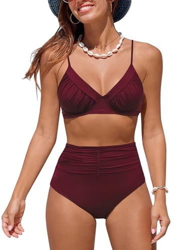 NLAND Maillot de Bain Femme Deux Pièces Taille Haute Col V Sexy Bikini Set Élégant Push Up Ensembles Maillots Licou Vintage Swimwear(Rouge Vin,L)