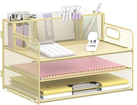 SUPEASY Organizador de escritorio de 3 niveles, asa, 3 soportes para cartelógrafos, malla hoja/archivos, carpetas/cartas de oficina (amarillo dorado)