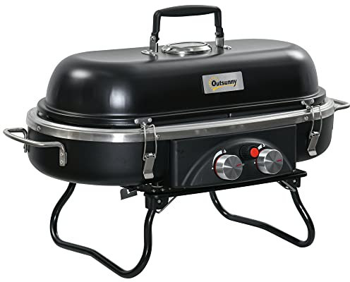 Outsunny Gasgrill 2,34 KW Klappbar BBQ Gartengrill inkl 2 Edelstahl-Brenner Druckminderer Gasschlauch Deckel Thermometer, 2 Heizzonen, Camping-Grill für Balkon, 66 x 34,5 x 37 cm