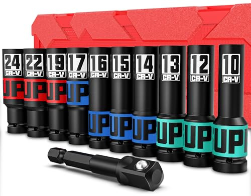Aurlloct 1/2 Drive Impact Socket Set, 11Pcs Deep Sockets, 10-24 mm Hex Long Socket Set, with 1/4 Hex Shank to 1/2 lmpact Square Drive, Repair Automotive Truck Tractor Engine Maintenance