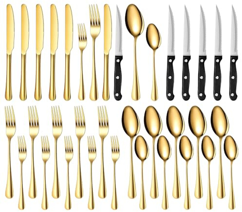 TAN REN Besteckset für 4 Personen, 24-teilig, Gold, Spülmaschinenfest | Modernes Tafelbesteck mit luxuriöser Optik, angenehmer Haptik und langlebiger Qualität –ideal für Zuhause und Feierlichkeiten