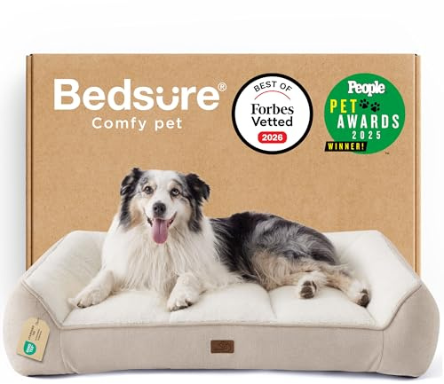 BEDSURE extra Dickes ergonomisches Hundebett Grosse Hunde XL, 106x76x24cm | druckentlastendes Hundesofa mit wasserdichter & wasschbarer Hülle, rutschfestes Bett mit weichem Sherpa-Plüsch, creme