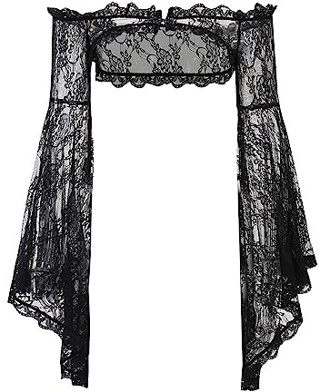 DINGJIUYAN Goth Sexy Vintage Tops, Women Off Shoulder Sheer Lace Overlays Y2K Cosplay Cover-ups Coat Flare Long Sleeve Tops