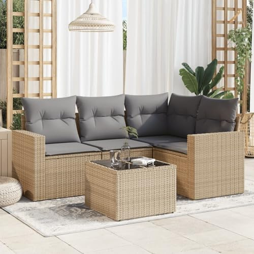 IKAYAA 5-TLG Rattan Gartenmöbel Set mit Stauraum Gartenlounge Balkon Lounge Gartenmöbel Klein Rattan Sofa Balkon Ecklounge Gartensofa Ecksofa Loungemöbel Terrasse-Beige und Grau Type-14