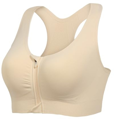 Lemef Front Zipper Sports Bras High Impack Post Op Compression Bras for Women Post Surgery Wireless Racerback Yoga Bra