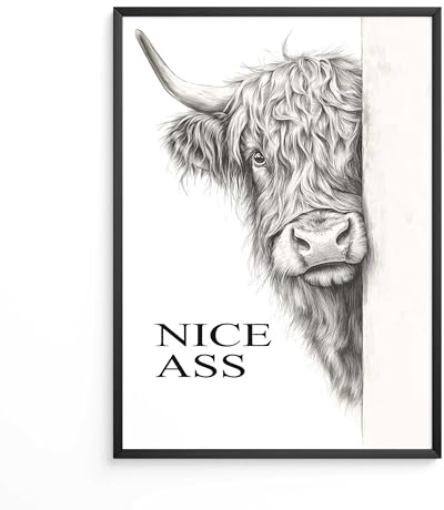 FORYOU24 Badezimmer Deko Bilde | hochwertiger Kunstdruck | schwarz weiß Wandbilder | WC Deko | Premium Druck Highland Kuh A3 Poster P-165A3
