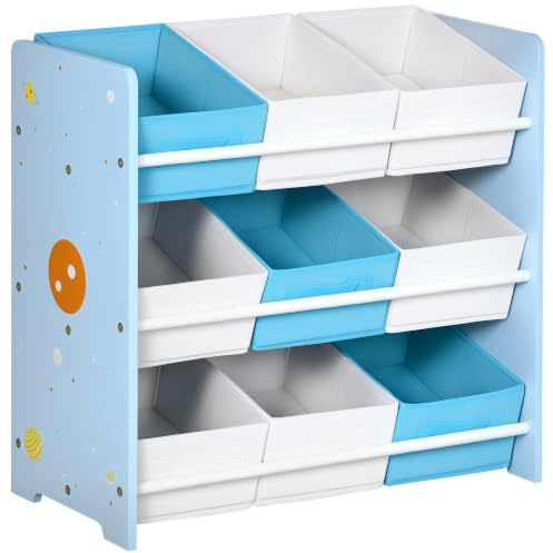 ZONEKIZ Mobile Contenitore per Bambini, 9 Cestini Rimovibili, Azzurro | Mobiletto Portagiochi, Legno MDF e Tessuto, 63x30x60 cm