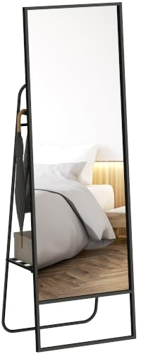 HOMCOM Ganzkörperspiegel 157 x 50 cm Standspiegel mit Regal, Schwarz | Rechteckig, 2 Haken, Metallrahmen, Großer Spiegel, Ankleidespiegel, Schlafzimmer, Wohnzimmer, Flur