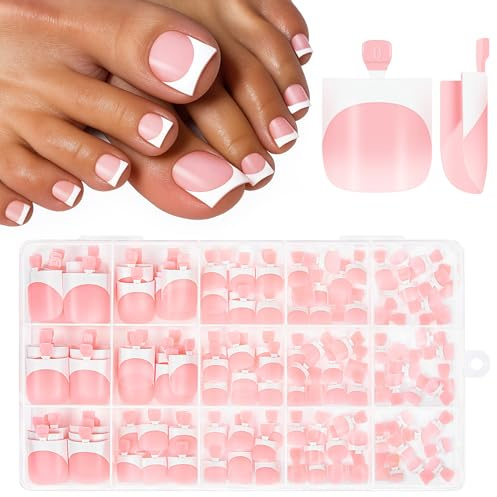 Kiiwah 150pcs French Tip Toe Nails, 15 Sizes Short Sharp Square Toe Nails False, Artificial Stick on Toenails, Full Cover Fake Toe Nails, Press on Toe Nails French Tip for Women