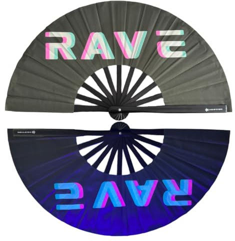 Generisch Fächer Rave - XXL Handfächer- Hand fan – Das Must-Have Accessoire für Rave Techno und Festivals: Fächer Stabil Bambus Holz Schwarz Faltbar und Groß (UV Glow 27cm)