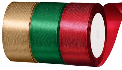 3 Rolls 5cm x 22m/25Yard Thick Florist Ribbons, Polyester Satin Ribbon Soft Wide Ribbons for Crafting, Fabric Ribbons for Gift Wrapping, Crafting, Bows Making for Christmas(Red, Green, Gold)