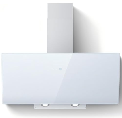SNDOAS Hotte Aspirante 90 cm, 700 m³/h, Classe A++ Hotte de Cuisine Inclinée, 3 Vitesses Hotte en Écran Tactile, Filtre à Charbon Actif, Recyclage/Évacuation, Blanc