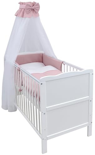 Generisch Baby Delux Babybett Komplett Set 9-TLG Kinderbett umbaubar zum Juniorbett 70x140 Matratze Jack Bettset Chiffonhimmel (Musselin rosa)