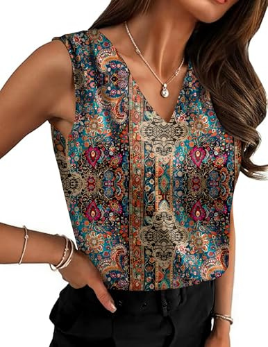 Hotouch Debardeur Femme Satin Col V Plisse sans Manches Ete Casual Blouse Chemisier Basic S-XXL