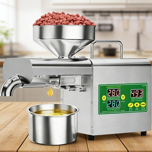 hocvseo automatisk oljepress, 1 800 W rostfritt stål oljepress, maximal temperatur 300 °C, kapacitet 3–6 kg/h, kall-/varmpress-oljetraktor för jordnötter, sesam, linfrön och valnötter