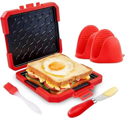 Microwave Toastie Sandwich Maker (3 Min) | Microwave Panini Press, Grilled Cheese & Toaster Maker | Fast Cooking for Home Office RV | Dishwasher Safe Microwave Cookware (Red)