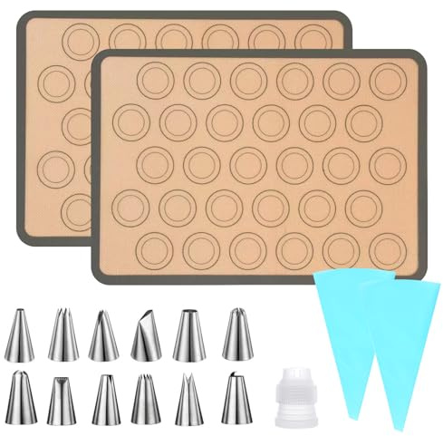 TPTGIAR Tappetino da forno in silicone per macaron, 2 pezzi, tappetino da forno per cani, riutilizzabile, in silicone, antiaderente, con 12 ugelli, lavabile