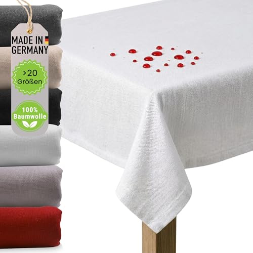 chambry Premium Tischdecke abwaschbar 100% Baumwolle - Handarbeit Made in Germany - robuste hochwertige Tischwäsche - beschichtet wasserabweisend mit Fleckschutz - Weiß 130 cm x 130 cm