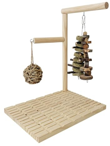 Kaeltsyn Rabbits Enrichment Board Toy with Chewable Grinding Board and Hanging Grass Ball Pinecone String for Cage Entertaining Natural Wood Animal Grinding Toy