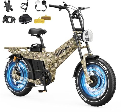 TESWAY Electric Bike for Adults,52V 60AH 320KM Long Range Ebike,20 Full Suspension Fat Tire E-Bike, Dual Hydraulic Brake, 7-Speed Colorful LCD Display Electric Mountain Bike