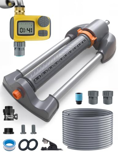 Deepoter Programador Riego Aspersor Oscilante 10m Manguera 3 en 1 Kit | Quick Connect 20 Boquillas IP55 Pantalla LCD Conector Latón , Aspersor Jardín para Riego de Céspedes y Jardines