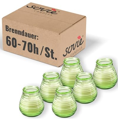Sovie CANDLES Glaswindlicht Flairlight LIMEGRÜN 6er Set – Edle Kerzen im Glas – ca. 60–70 Std Brenndauer, Duftfrei – Stilvolle Tischdekoration - Kerzen Deko Innen & Außen